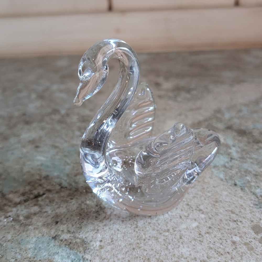Vintage Glass Swan Paperweight Clear Figurine Collectible approx 4” Tall